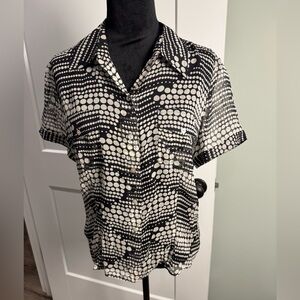Spencer Jeremy sheer silk short sleeve blouse mother of pearl buttons white dots